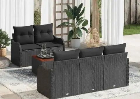 Set de Canapea pentru Grădină de 6 Piese cu Pernuțe Negru Ratan Polimeric Acacia - 1/5