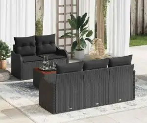 Set de Canapea pentru Grădină de 6 Piese cu Pernuțe Negru Ratan Polimeric Acacia