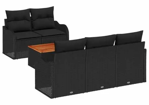 Set de Canapea pentru Grădină de 6 Piese cu Pernuțe Negru Ratan Polimeric Acacia - 2/5
