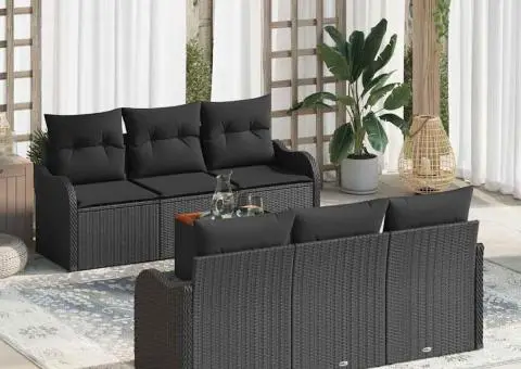 Set Canapea de Grădină cu 7 Piese și Pernuțe Negru Ratan Poli Acacia - 1/5