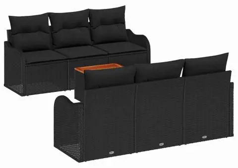 Set Canapea de Grădină cu 7 Piese și Pernuțe Negru Ratan Poli Acacia - 2/5