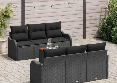 Set Canapea de Grădină cu 7 Piese și Pernuțe Negru Ratan Poli Acacia - 3/5