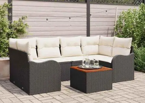 Set de canapele de grădină de 7 piese cu perne Negru Poliratan Acacia - 1/5