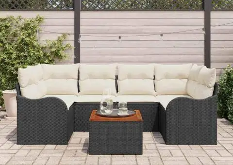 Set de canapele de grădină de 7 piese cu perne Negru Poliratan Acacia - 3/5