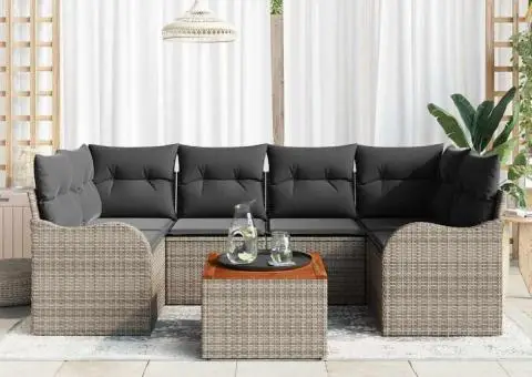 Set canapea grădină 7 piese cu perne gri poliratan acacia - 1/5