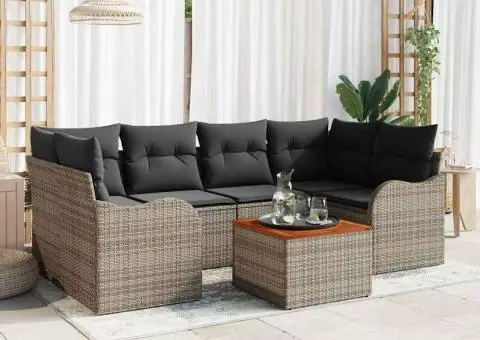 Set canapea grădină 7 piese cu perne gri poliratan acacia - 3/5