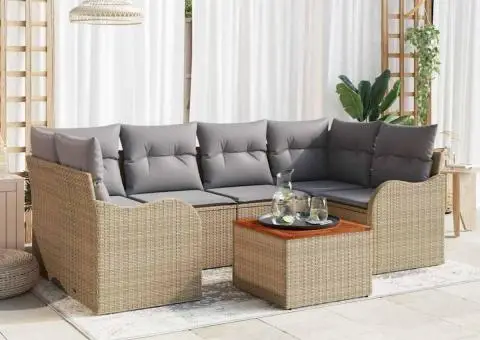 Set Canapea Grădină cu Pernuțe Bej Ratan Poly Acacia - 3/5