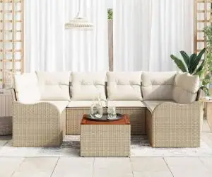 Set de canapea de grădină cu 7 piese cu perne Bej Poli Ratan Acacia