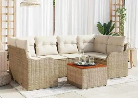 Set de canapea de grădină cu 7 piese cu perne Bej Poli Ratan Acacia - 3/5