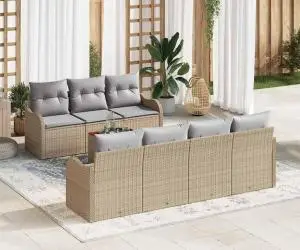 Set Canapea Grădină 8 Piese cu Perne Bej Ratan Polimeric Acacia