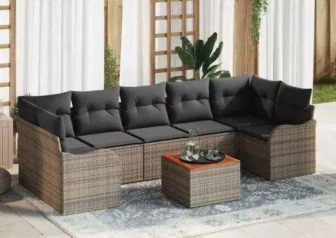 Set de Canapea pentru Grădină cu 8 Piese și Perne Gri din Ratan Poli și Acacia - 1/5