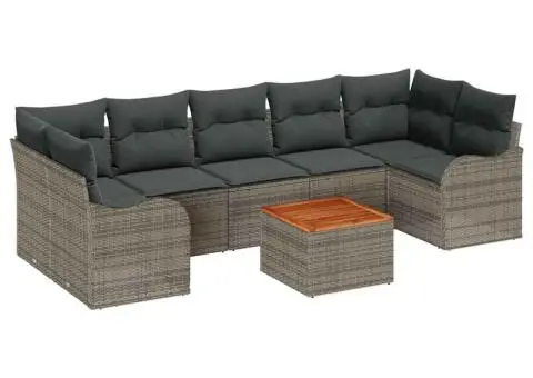 Set de Canapea pentru Grădină cu 8 Piese și Perne Gri din Ratan Poli și Acacia - 2/5