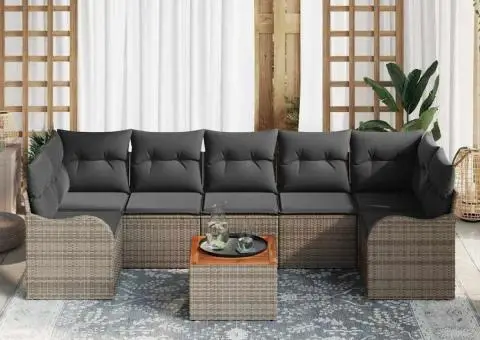 Set de Canapea pentru Grădină cu 8 Piese și Perne Gri din Ratan Poli și Acacia - 3/5