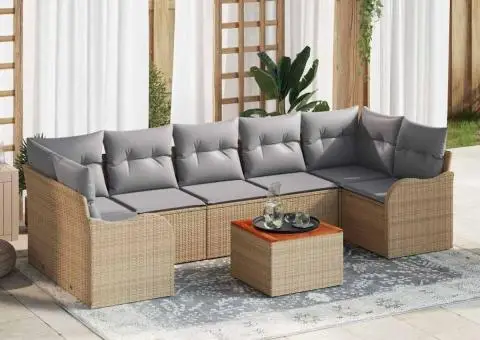 Set canapea de grădină cu 8 piese cu perne Bej din ratan poly Acacia - 1/5