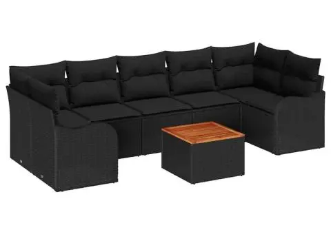 Set de 8 Piese de Canapea pentru Grădină cu Perne Negru Ratan Poli Acacia - 2/5