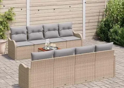 Set de canapea de grădină 9 piese cu pernuțe bej din poliratan acacia - 3/5