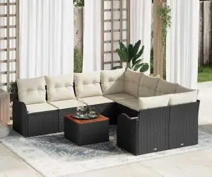 Set de 9 Piese de Sofa de Grădină cu Perne Negru Poliratan Acacia