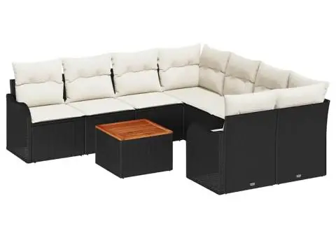 Set de 9 Piese de Sofa de Grădină cu Perne Negru Poliratan Acacia - 2/5