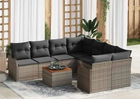 Set Canapea Grădină cu 9 Piese și Perne Gri Poliratan Acacia - 1/5