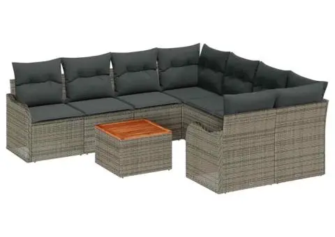 Set Canapea Grădină cu 9 Piese și Perne Gri Poliratan Acacia - 2/5