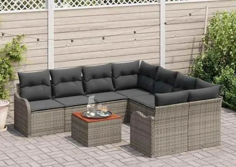 Set Canapea Grădină cu 9 Piese și Perne Gri Poliratan Acacia - 3/5