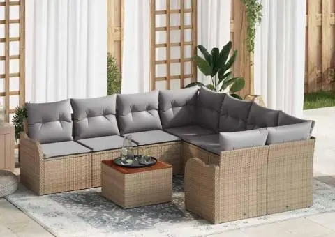 Set Canapea Grădină cu 9 Piese și Perne Bej din Ratan Poli Acacia - 1/5