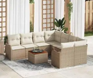 Set de Canapele pentru Grădină cu 9 Piese și Perne Bej din Ratan Poly Acacia