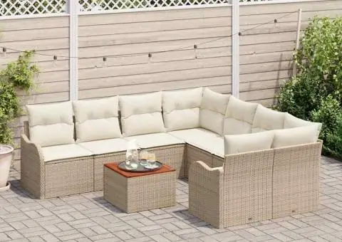 Set de Canapele pentru Grădină cu 9 Piese și Perne Bej din Ratan Poly Acacia - 3/5