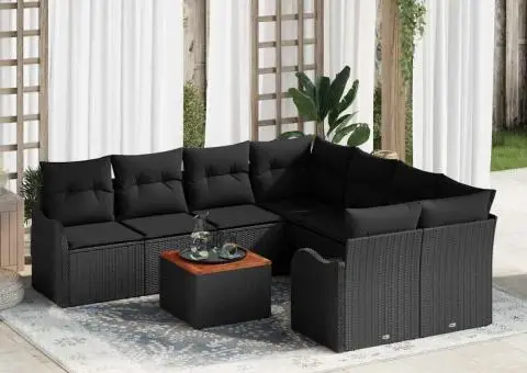 Set de soare viaXL 9 piese și perne Ratan Negru Acacia - 1/5