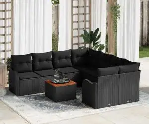 Set de soare viaXL 9 piese și perne Ratan Negru Acacia