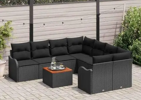 Set de soare viaXL 9 piese și perne Ratan Negru Acacia - 3/5