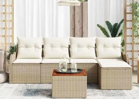 Set canapea grădină cu 6 piese și perne bej din ratan poliester acacia - 1/5