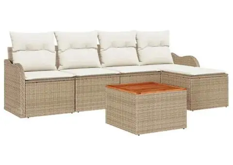 Set canapea grădină cu 6 piese și perne bej din ratan poliester acacia - 2/5