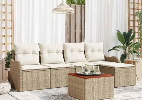 Set canapea grădină cu 6 piese și perne bej din ratan poliester acacia - 3/5