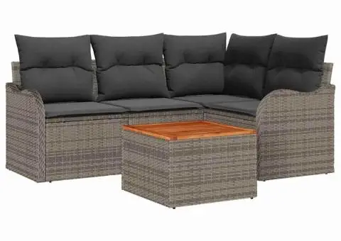 Set Canapea Grădină cu 5 Piese și Perne Gri Ratan Polimeric Acacia - 2/5