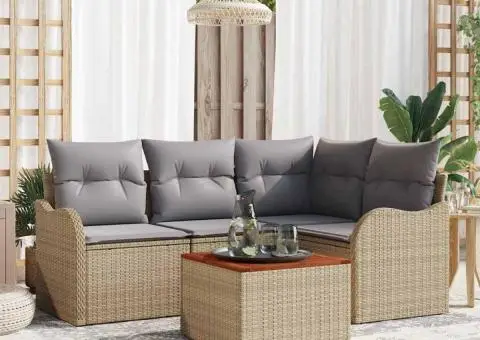 Set Canapea Grădină 5 Piese Pernuțe Bej Poliratan Acacia - 1/5