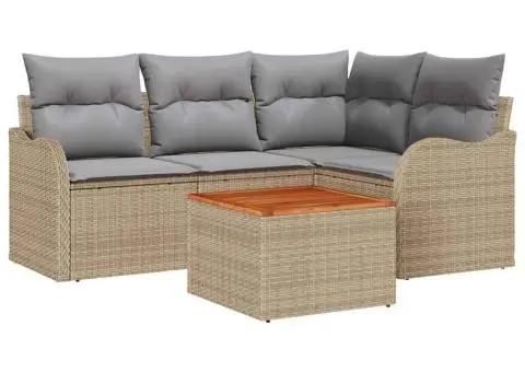 Set Canapea Grădină 5 Piese Pernuțe Bej Poliratan Acacia - 2/5