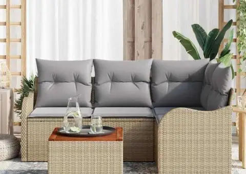 Set Canapea Grădină 5 Piese Pernuțe Bej Poliratan Acacia - 3/5