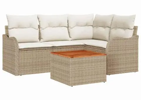 Set Canapea Grădină 5 Piese cu Pernuțe Bej din Ratan Poli Acacia - 2/5