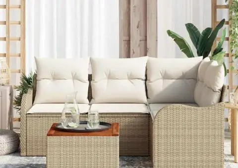 Set Canapea Grădină 5 Piese cu Pernuțe Bej din Ratan Poli Acacia - 3/5