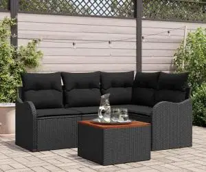 Set canapea de grădină vidaXL cu 5 piese și perne Ratan poli negru Acacia