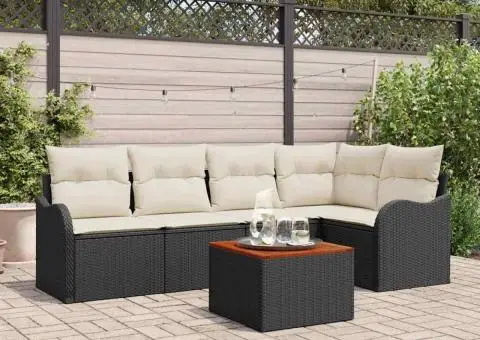 Set de canapea de grădină de 6 piese cu perne Negru Poliratan Acacia - 1/5