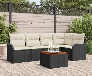Set de canapea de grădină de 6 piese cu perne Negru Poliratan Acacia