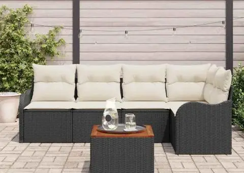 Set de canapea de grădină de 6 piese cu perne Negru Poliratan Acacia - 3/5