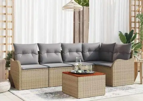 Set Canapea de Grădină 6 Piese cu Pernuțe Bej Ratan Poli Acacia - 1/5