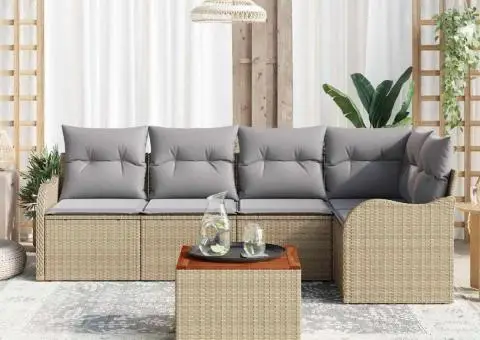 Set Canapea de Grădină 6 Piese cu Pernuțe Bej Ratan Poli Acacia - 3/5