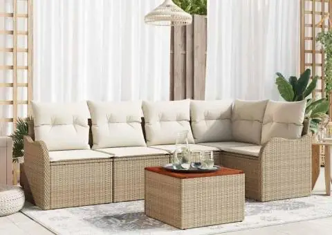 Set Sofă de Grădină 6 Piese cu Perne Bej Ratan Polimer Acacia - 1/5