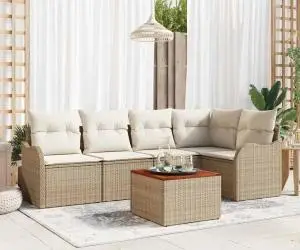 Set Sofă de Grădină 6 Piese cu Perne Bej Ratan Polimer Acacia