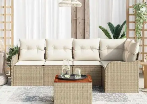 Set Sofă de Grădină 6 Piese cu Perne Bej Ratan Polimer Acacia - 3/5