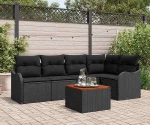 Set Canapea de Grădină de 6 Piese cu Perne Negru Ratan Polimeric Acacia
